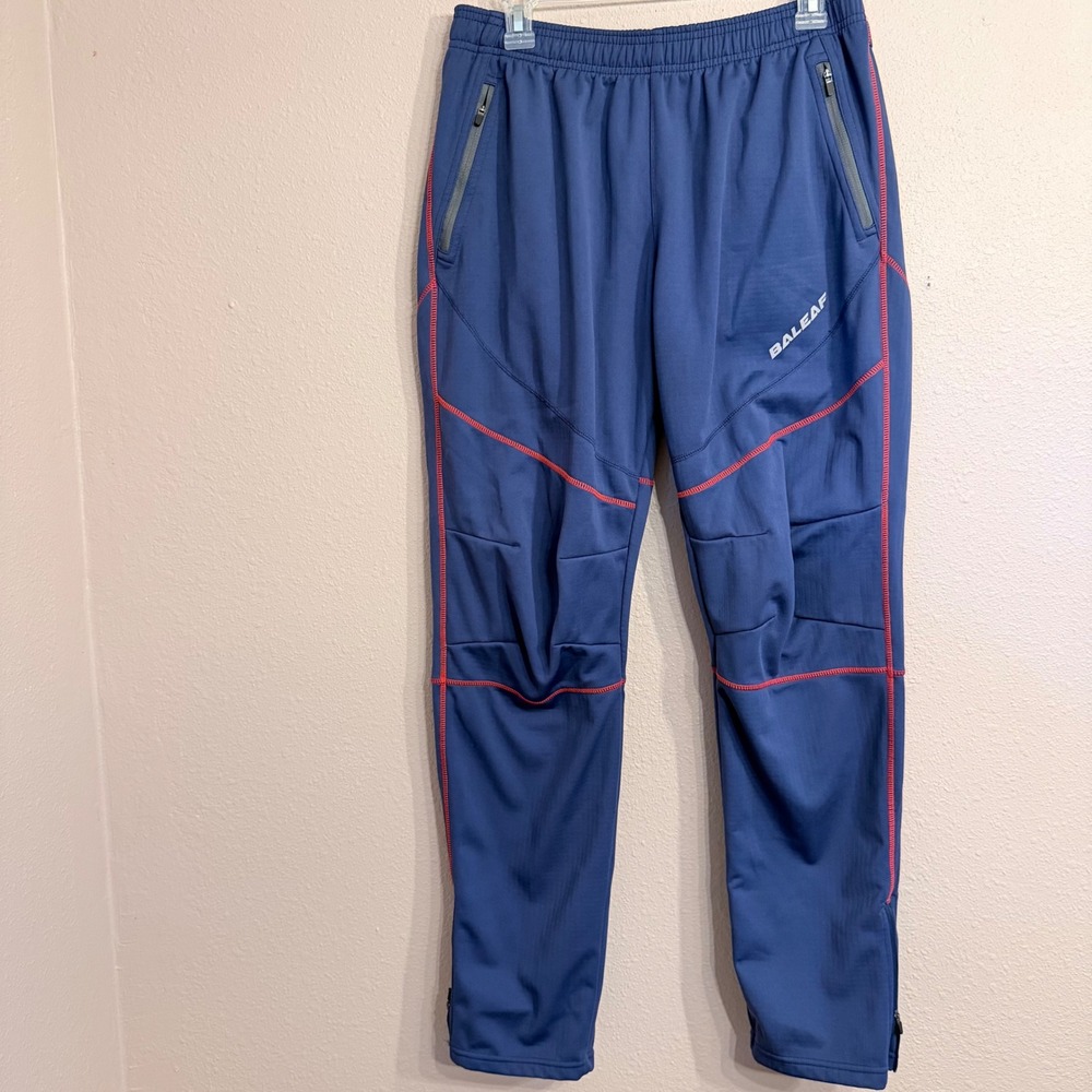 Baleaf Mens Thermal Cycling Pants Blue Fleece Lined Joggers Large Red Stitching